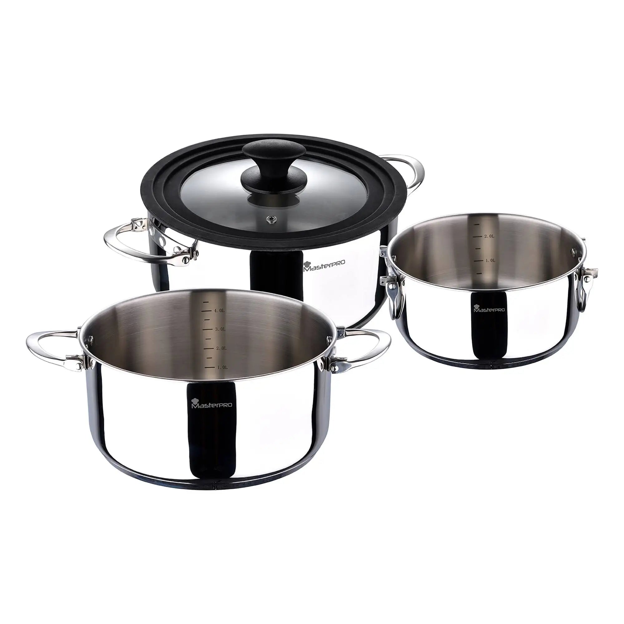 Cookware set with stainless steel saucepans (16 20 24cm) and glass lids by FOODIES MasterPRO