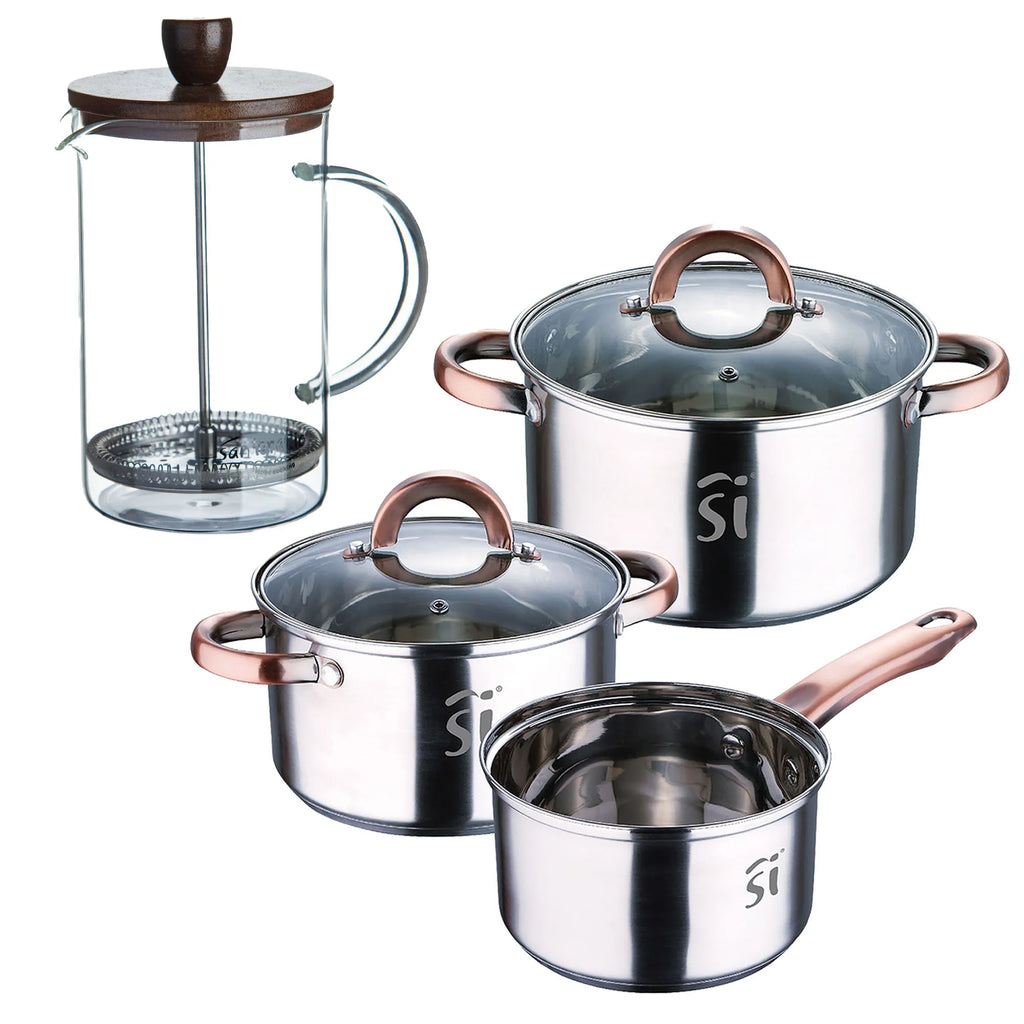5-piece stainless steel cookware set (16 18 20) suitable for induction cooktops + NOIA San Ignacio borosilicate glass