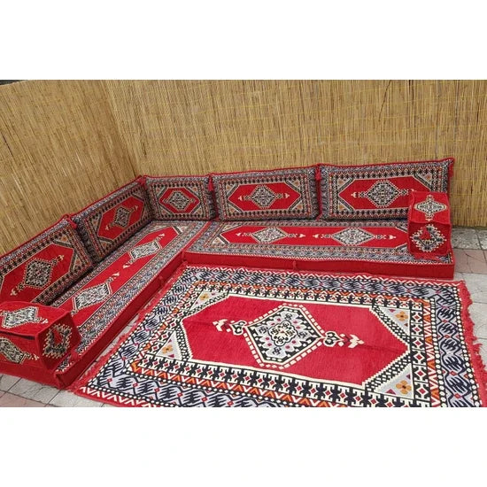 L Shape Filled Oriental Floor Seating Ethnic Arabic Majlis Ottoman Set Afghan Toshak Corner Sofa Embroidered Moroccan Cushions MegaBDM