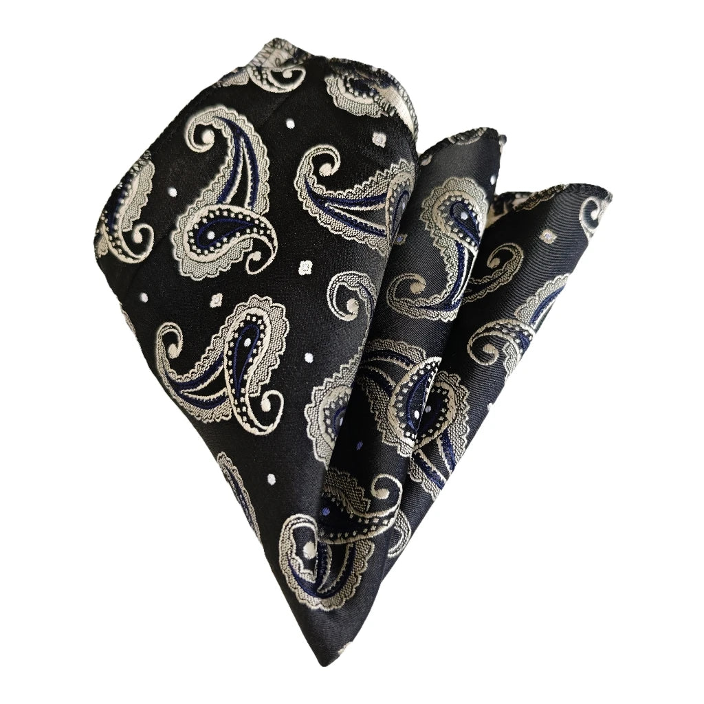 Elegant Pocket Square with Ivory Blue Paisley Pattern on Black