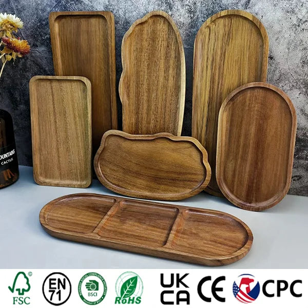 Wholesale Dishes Plates Customized Wood Service Tray Plate Wooden Coffee Snack Fruit Tea Cake Plate for Home Display Tray MegaBDM
