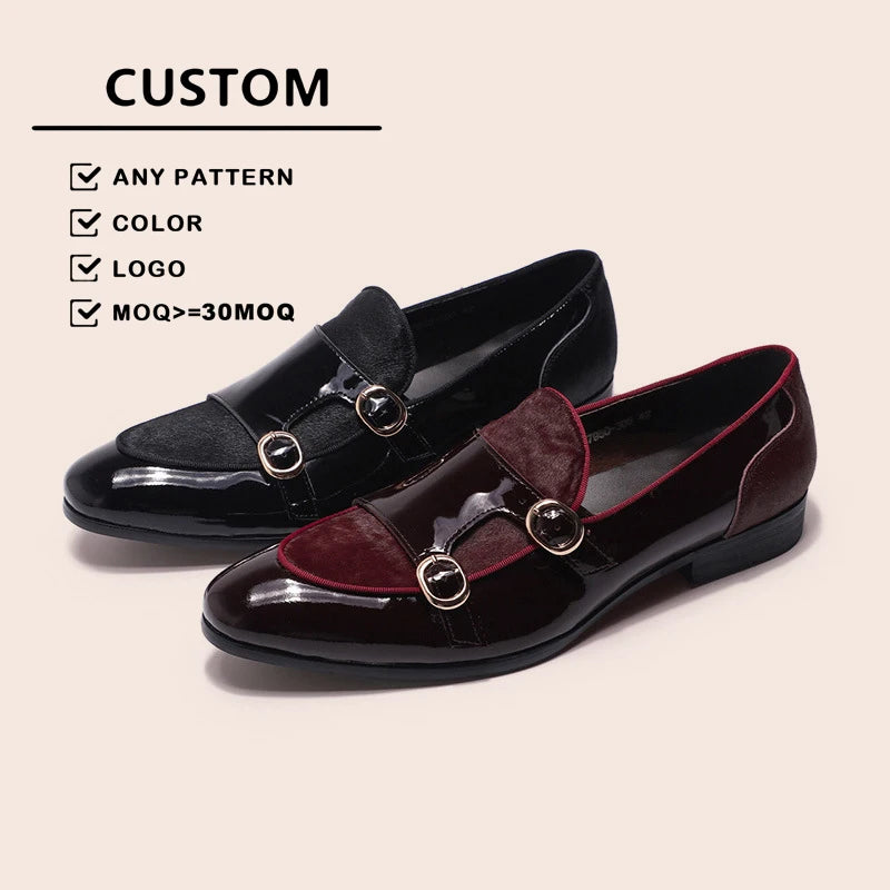 Luxury Men's Genuine Leather Party Loafers Dress Shoes High-end Double Buckle Monk Strap for Gentlemen