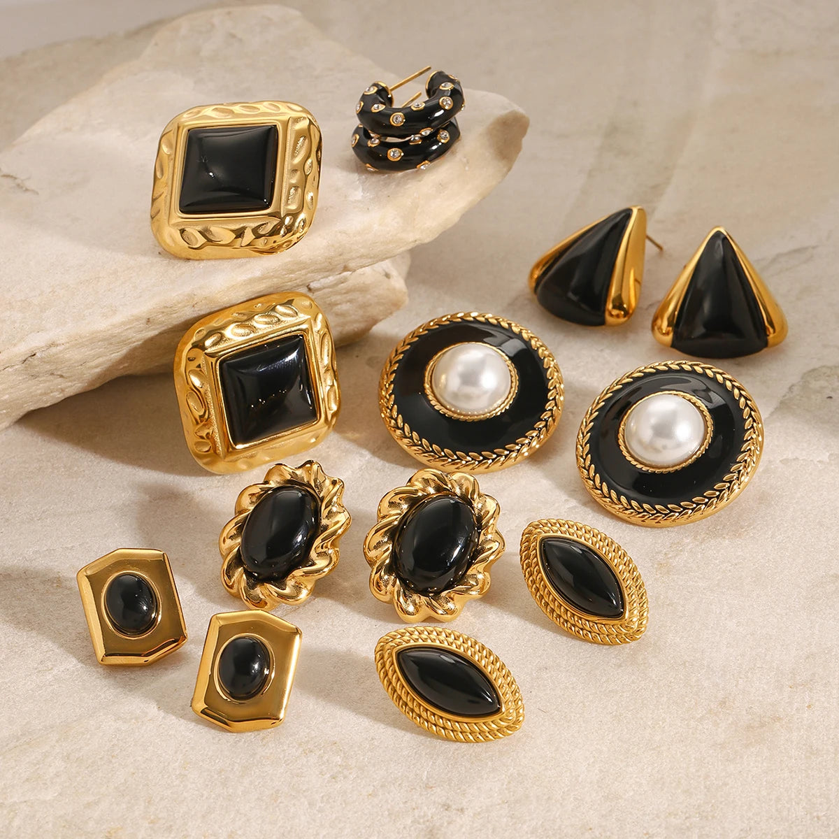 J&D 18K Stainless Steel  Gold Plated Black Oil Drop Triangle Earrings