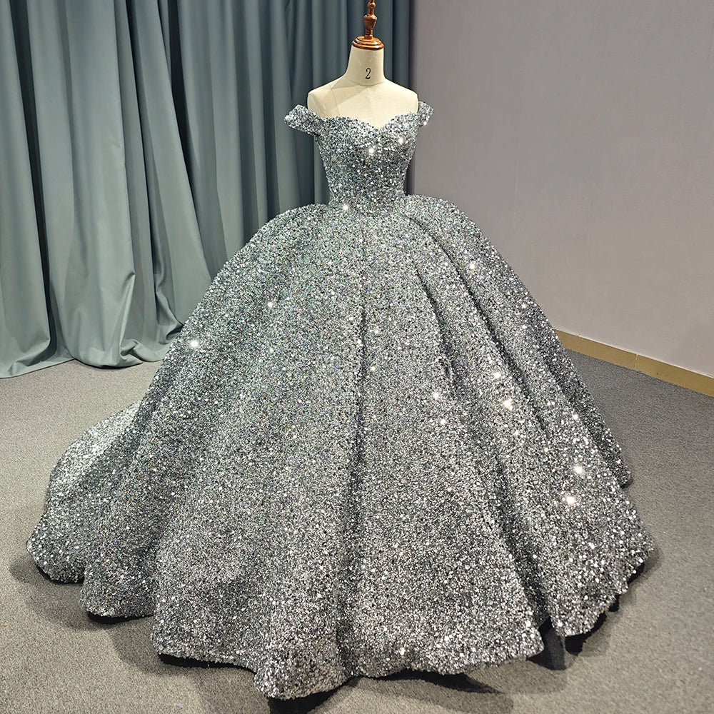 Jancember 1197 Shiny Silver Off Shoulder Sequins Ball Gown Evening Party Dresses