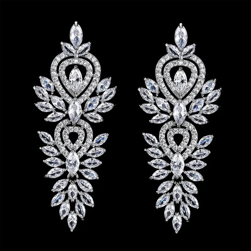 MOQ 2pcs Wholesale ZIRCON Wedding Big Statement Fashion Jewelry Unique Drop Earrings Gold Plated Stainless Steel Princess Cut JR