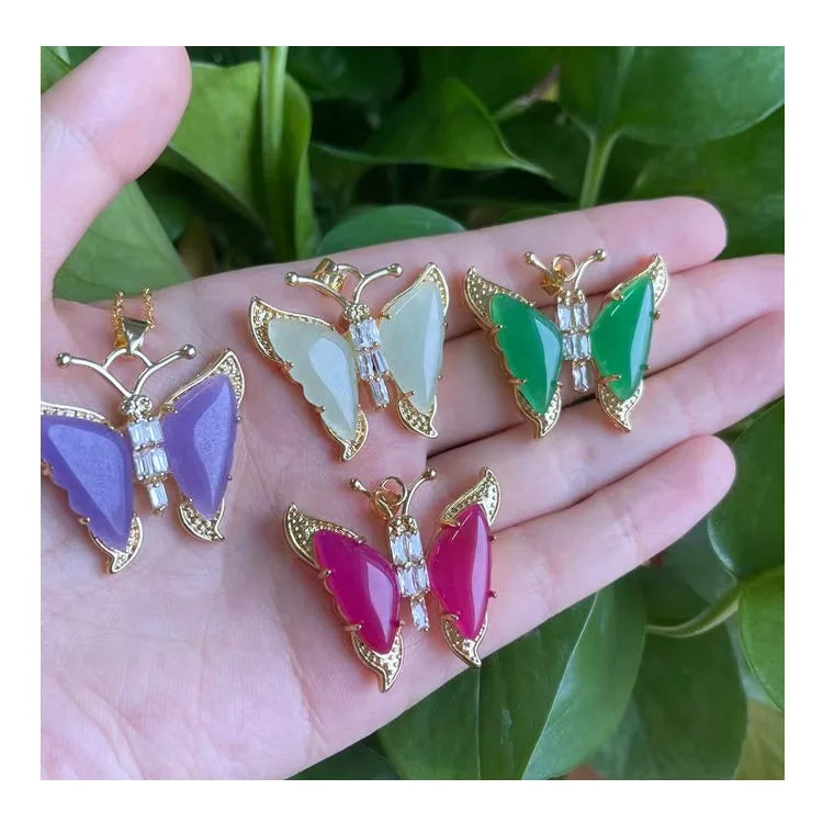 Jialin 2021ins Natural 4colors Purple Jade Stone Middle butterfly Pendant for Women Girls Necklace