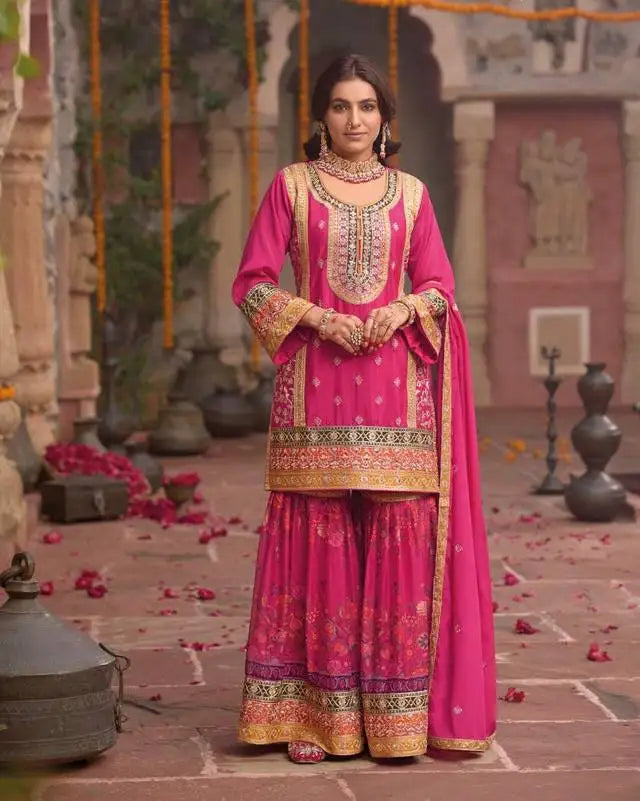 Presenting New Designer Heavy Chinon Silk With Chine Sequins Work Pakishtani Sharara Suit Set