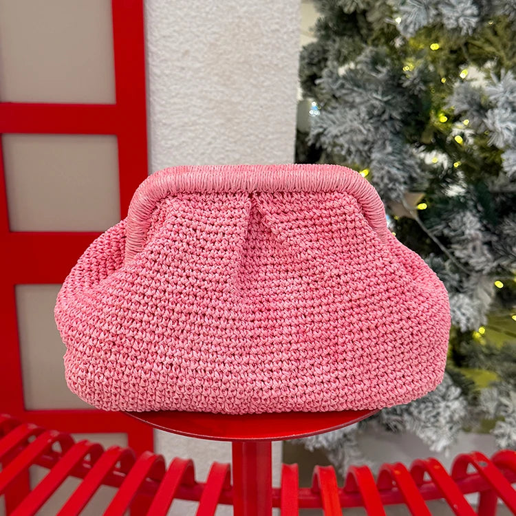 Hot Sales Handmade Raffia Paper Crochet Clutch Bag with Handle Straw Handbag for Women