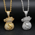 Hip Hop CZ Gold Plated Dollar Purse Shape Pendant Necklace for Men Women Fashion Iced Out Cubic Zirconia Money Bag Charm Jewelry