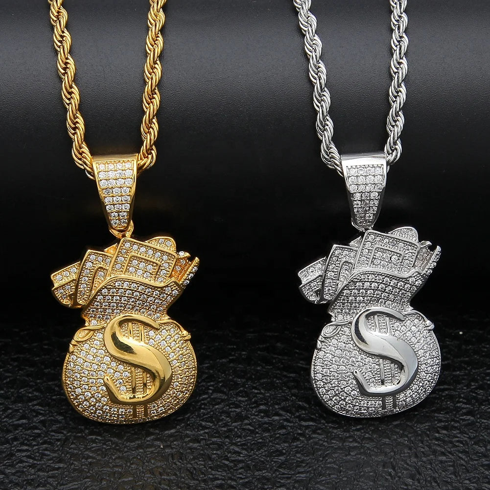 Hip Hop CZ Gold Plated Dollar Purse Shape Pendant Necklace for Men Women Fashion Iced Out Cubic Zirconia Money Bag Charm Jewelry