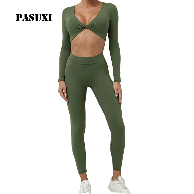 PASUXI 2025 New Design Women's 2 Piece Long Sleeve Yoga Set Activewear Pilates Gym Fitness Workout Clothes