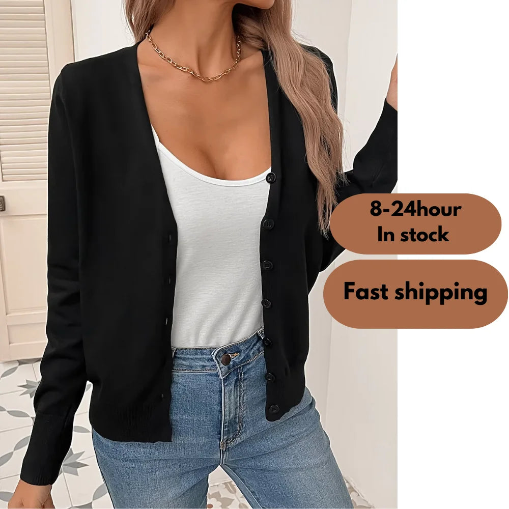 Cheap In-Stock Women'S Solid Sweater Color Standard Clothing  Cardigan Women Button Korean Sweater for Women