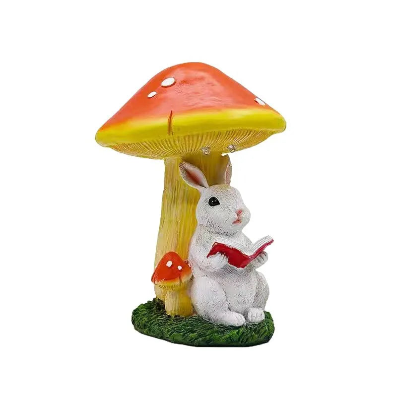 Cute Rabbit Reading Under Mushroom Garden Statue Resin Bunny Figurine Outdoor Lawn Patio Yard Decorative Ornament MegaBDM