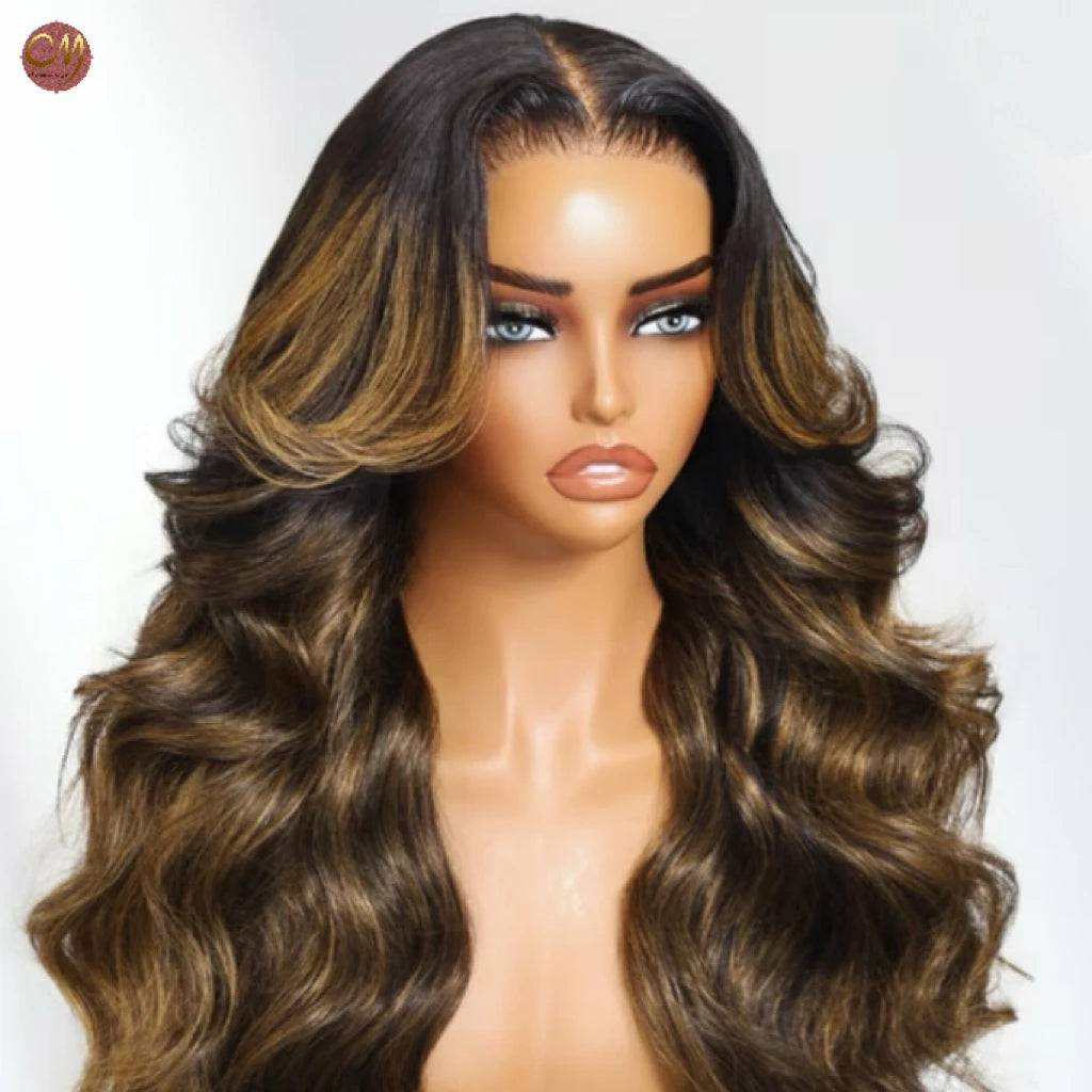 Long Layered Honey Brown Highlight Loose Body Wave 13x4 HD Transparent Lace Frontal Cuticle Aligned Human Hair Wigs MegaBDM