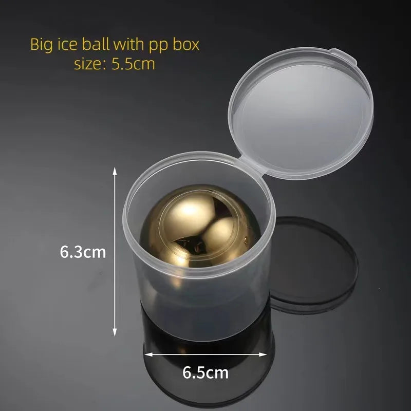 Wholesale 55mm Whisky Reusable Ice Cubes Stone With Pp Box Frozen Ice Cube for Bar Stainless Steel Gold Ice Ball
