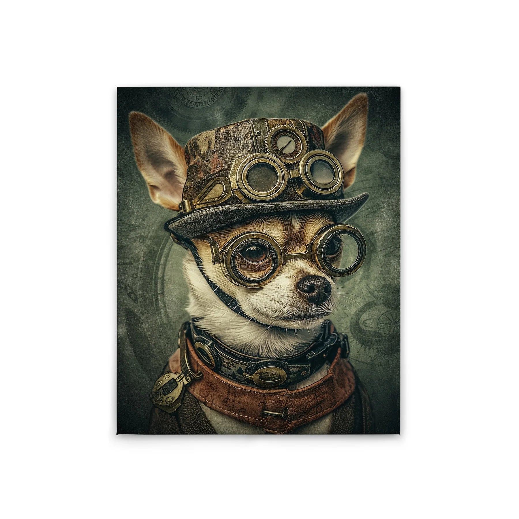 Made In Germany - Home Decor Canvas Picture Steampunk Dog - Wall Mural In Green And Brown - Canvas Picture On Stretcher Frame
