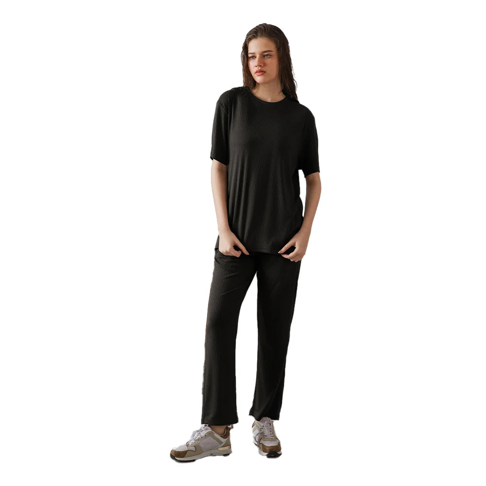 Women's Ribbed wear Set Short Sleeve T Shirt with Wide Leg Pants Two Piece Casual Outfit Elastic Waist  Suit