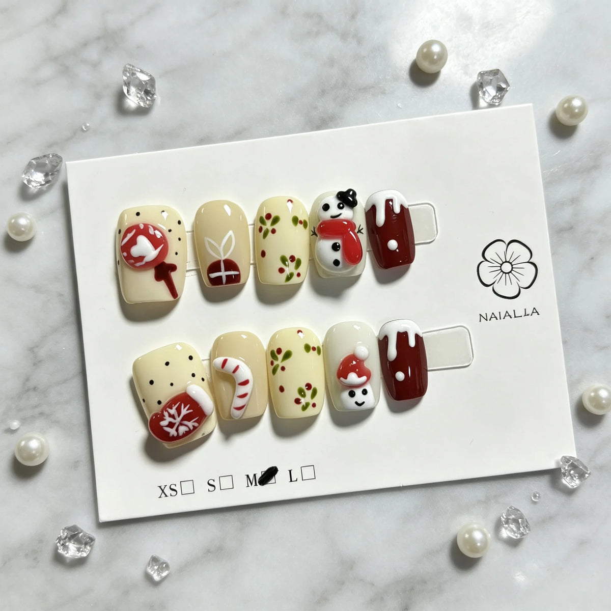 Premium Handprinted Cute Winter Xmas Red White Mitten Berry Reusable Full Cover Press-On Nails 017 MegaBDM