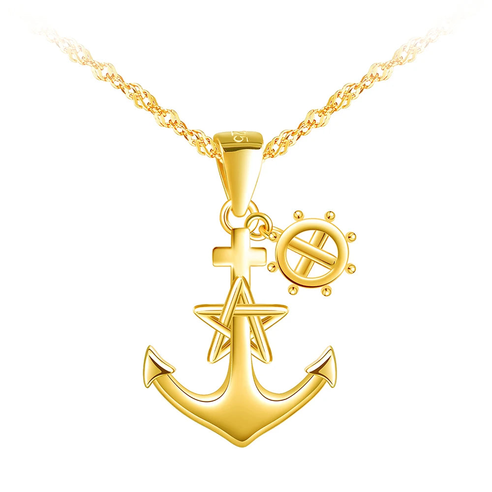Pure 925 Sterling Silver Anchor Necklace Stars Rudder Combination Classic Necklace Pendant