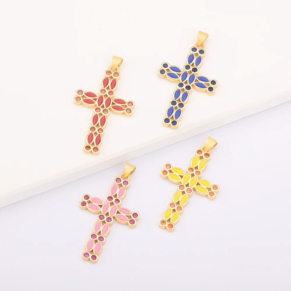 Wholesale Copper 18K Gold Plated Cross Zircon Pendant Multi-Color Enamel Religious Trendy Stable Supply Chain Distributors