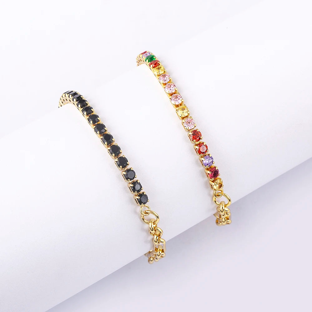 QIKU Wholesale Luxury Crystal Gold Plated Rainbow Round Diamond Bracelet Women Copper Cubic Zirconia Tennis Bracelet