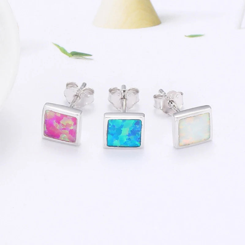 Fashion 925 Silver Rhodium Plated Opal Stud Earrings for Women-Punk Style Wedding Gift