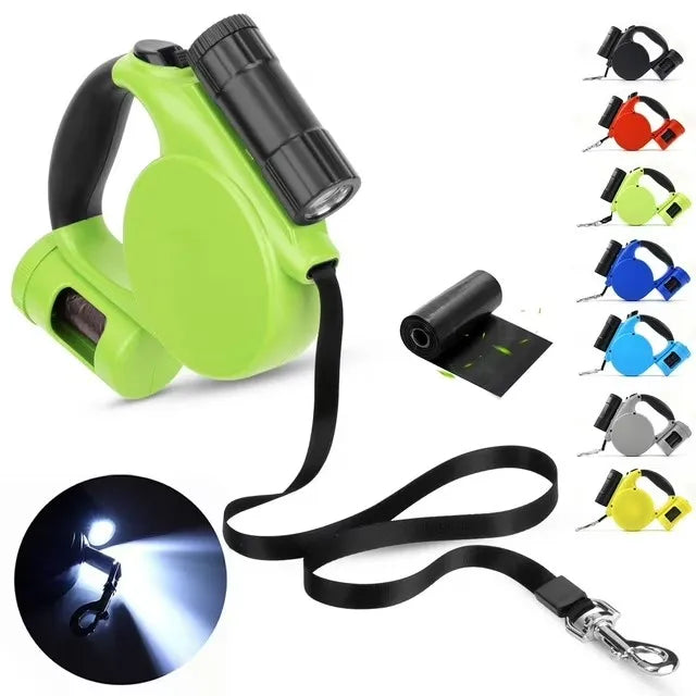 Flashlight Retractable Dog Leash Retractable with Light and Poop Garbage Bag Holder Integrated