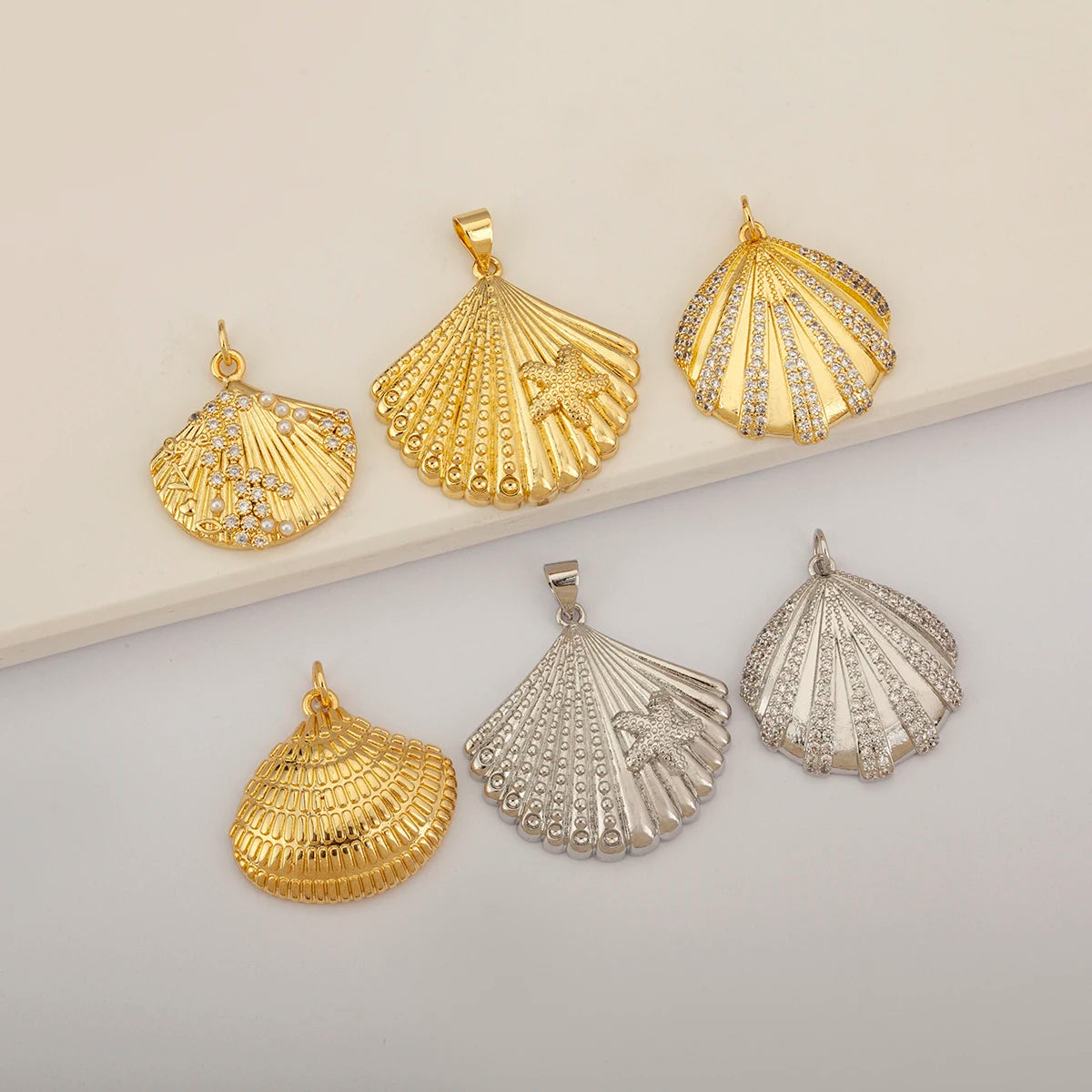 QIKU Gold/Silver Plated Shell Charm | Seashell Marine Charms with Zircon for Jewelry Making Wholesale Pendants & Findings