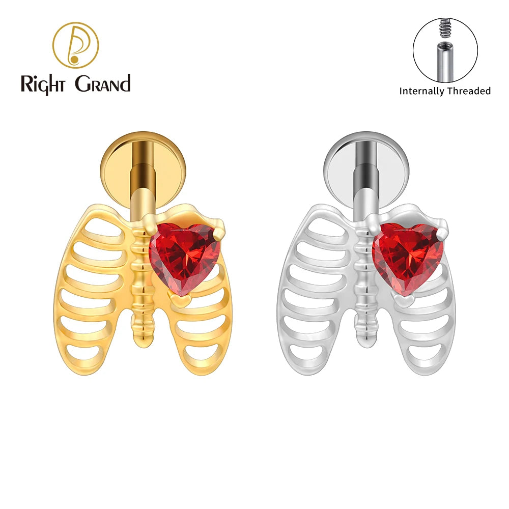 Titanium Heart CZ Rib Cage Cartilage Earring 16G Gothic Skeleton Helix Labret Stud Nose Piercing Jewelry Flat Back Piercing
