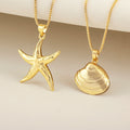 QIKU Gold Plated Starfish & Ocean Shell Pendant Necklace with Link Chain Copper Vintage Summer Beach Vacation Jewelry for Women