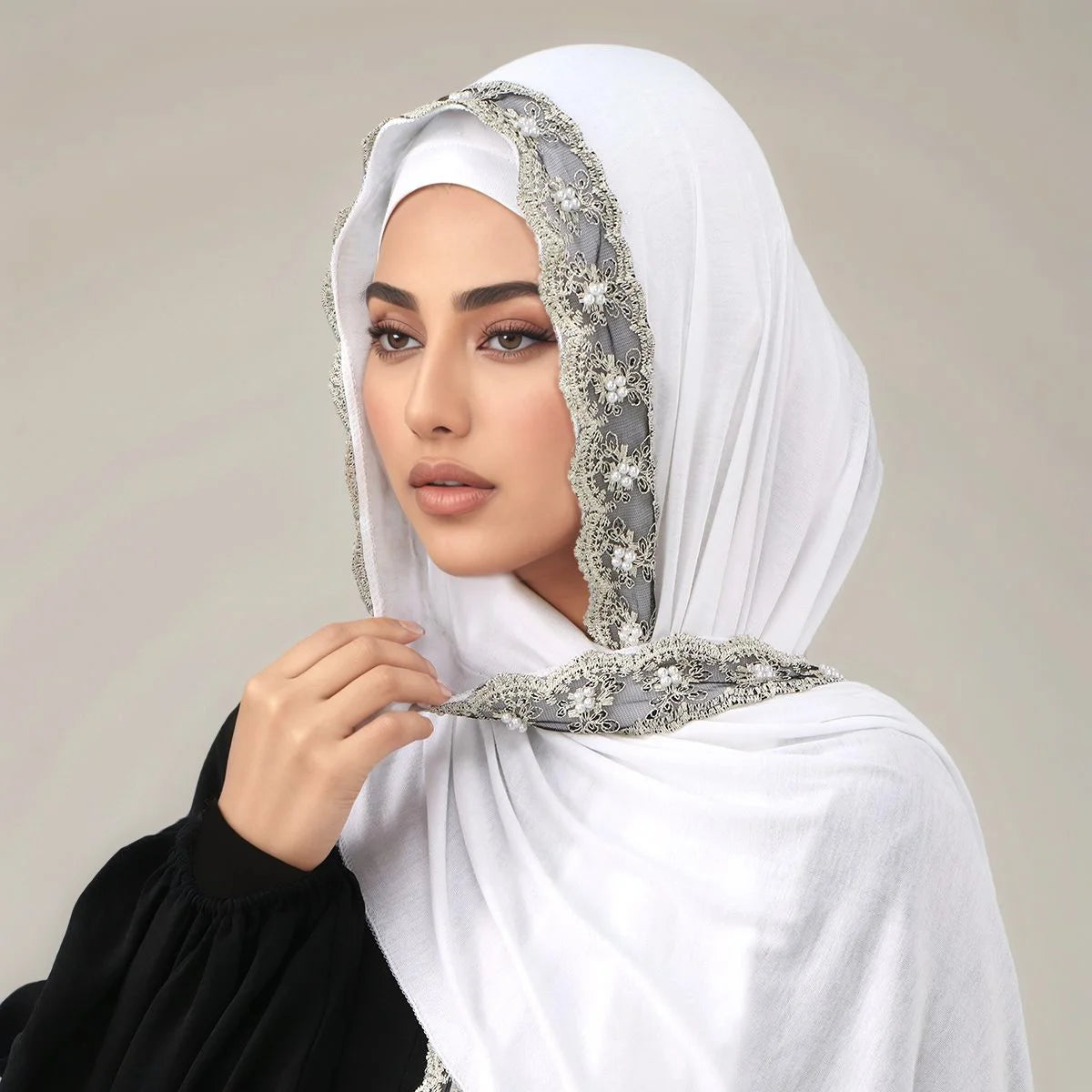 Eid Soild Headband Malaysia Tudung Women Head Wraps Shawl Turban Pearl Embroidery Cotton Jersey Muslim Hijab Long Scarf 170*60cm