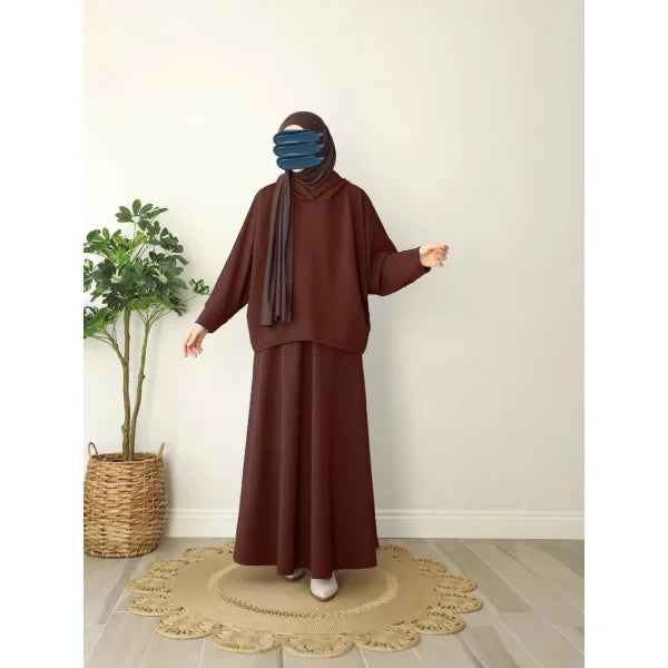 Muslim 2 Piece Set Women Hooded Top Skirt Suit Hoodie Ramadan Morocco Dubai Islam Casual Ensemble Arabic Long Skirts Outfits