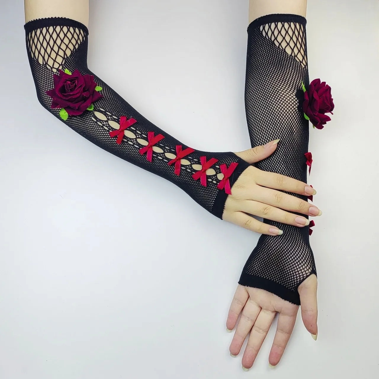 HZS-25056 Y2K Gothic Punk Mesh Long Half Finger Cool Cosplay Gloves Dark Hollow Out Sleeve Covers for Bridal Accessories