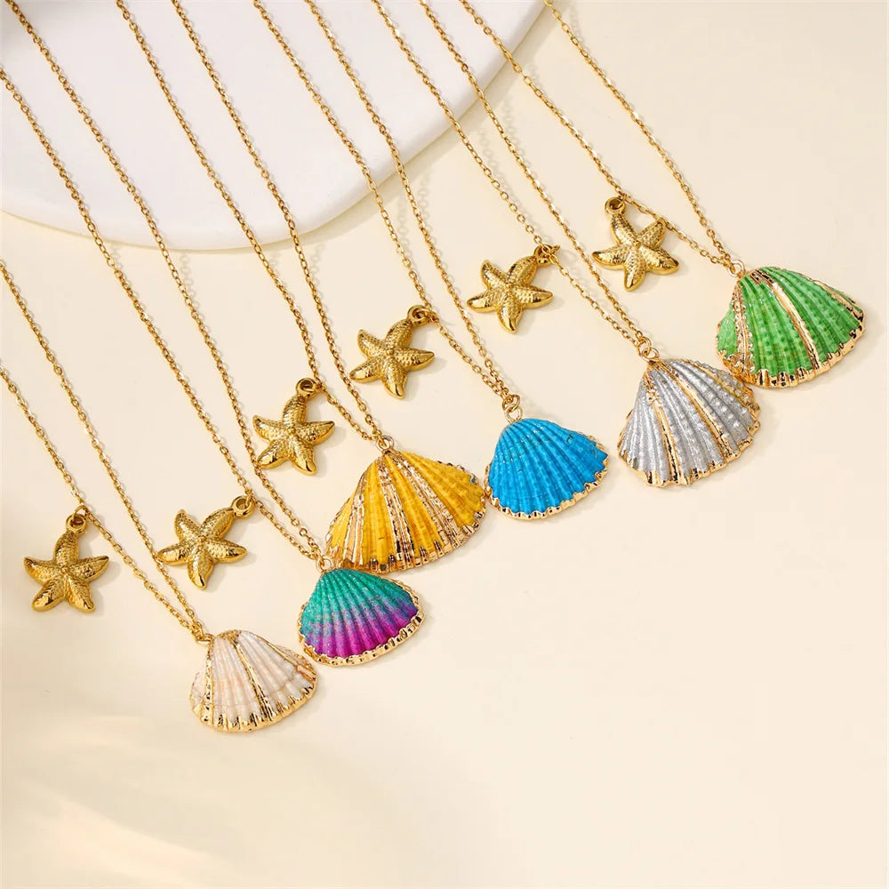 Summer Holiday Souvenir Ocean 18K Gold Plated Stainless Steel Beach Shell Pendant Necklace Accessories Jewelry for Women Girl