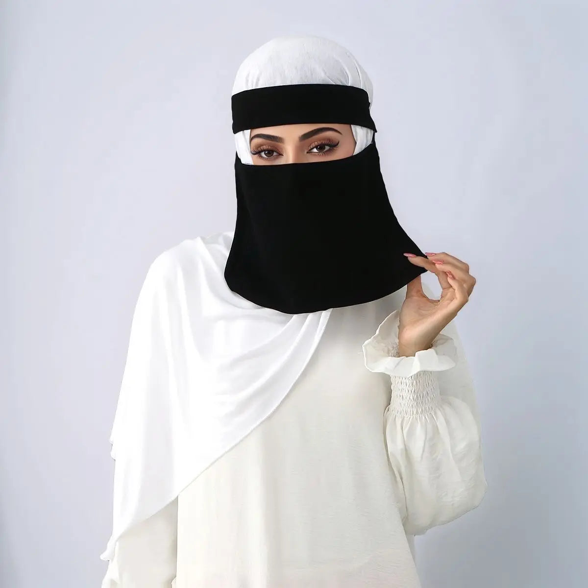 2Pcs/Set Ramadan Plain Headscarf Instant Shawl Prayer Hijab False Cover Muslim Women Hijab Scarf and Niqab Set