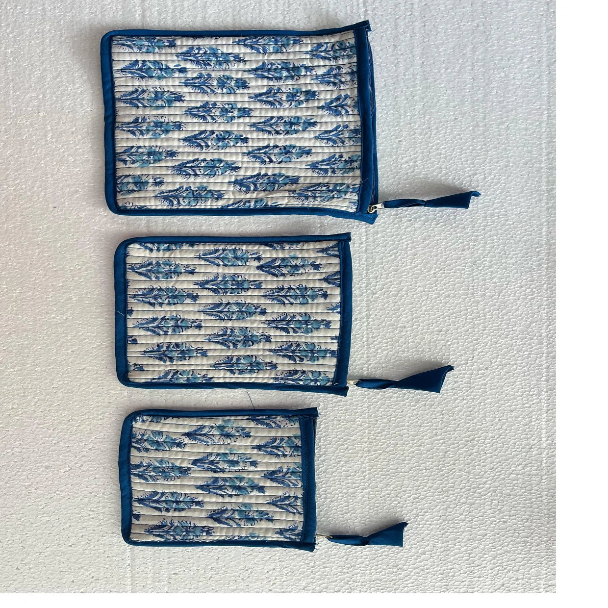 Custom Made Quilted Kantha Stitched Zippered 3 Piece Organic Cotton Pouch Set for Perfume Resale and Promotions