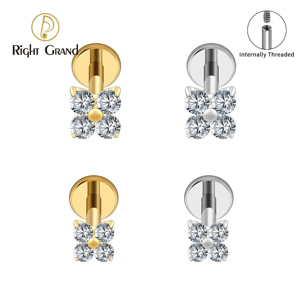 ASTM F136 Titanium Internal Thread Flower CZ Cartilage Earring 16G Four Leaf Helix Tragus Stud Flat Back Labret Piercing Jewelry