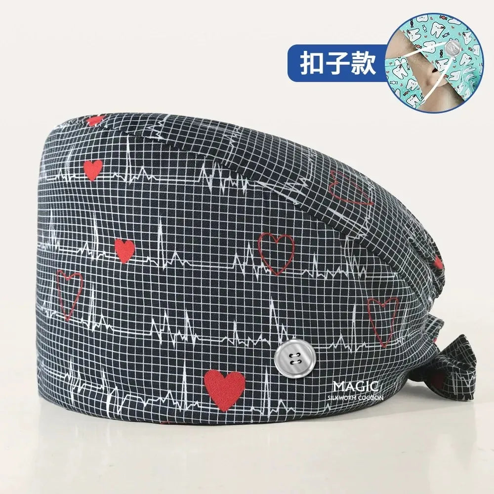 Caps With Buttons Elastic Bouffant Caps Nursing Surgical Cap Printed Scrub Working Hats With Sweatband Unisex Medical Uniforms