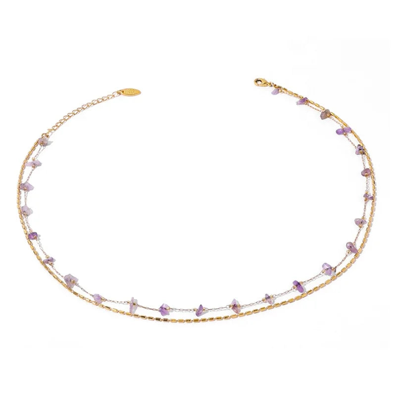 Ins Trendy Boho Jewelry Double Layer Necklace Gold Bead Chain Jewelry Amethyst Raw Stone Beaded Choker Necklace