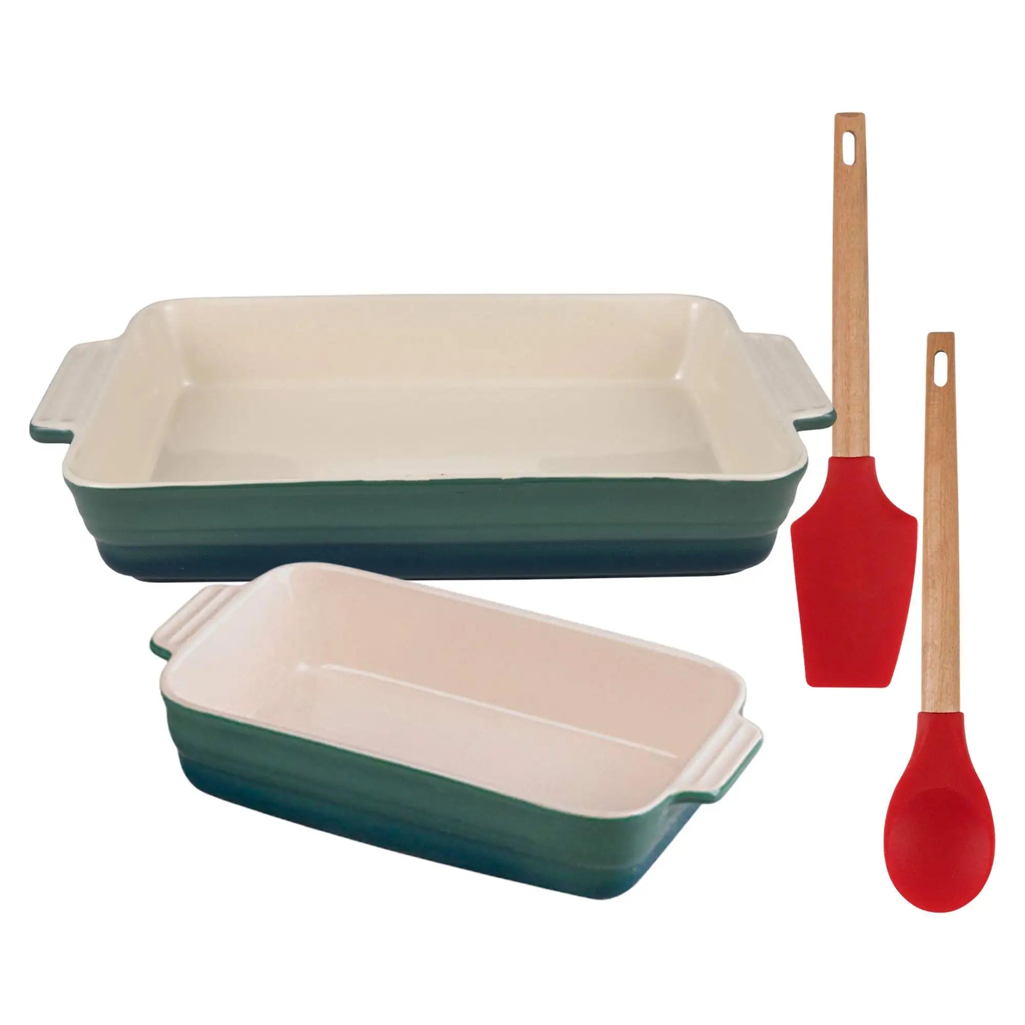 Set of 2 Kitchen Utensils - Silicone Spoon and Spatula + 2 Rectangular Green Stoneware Baking Dishes EXCALIBUR Bergner