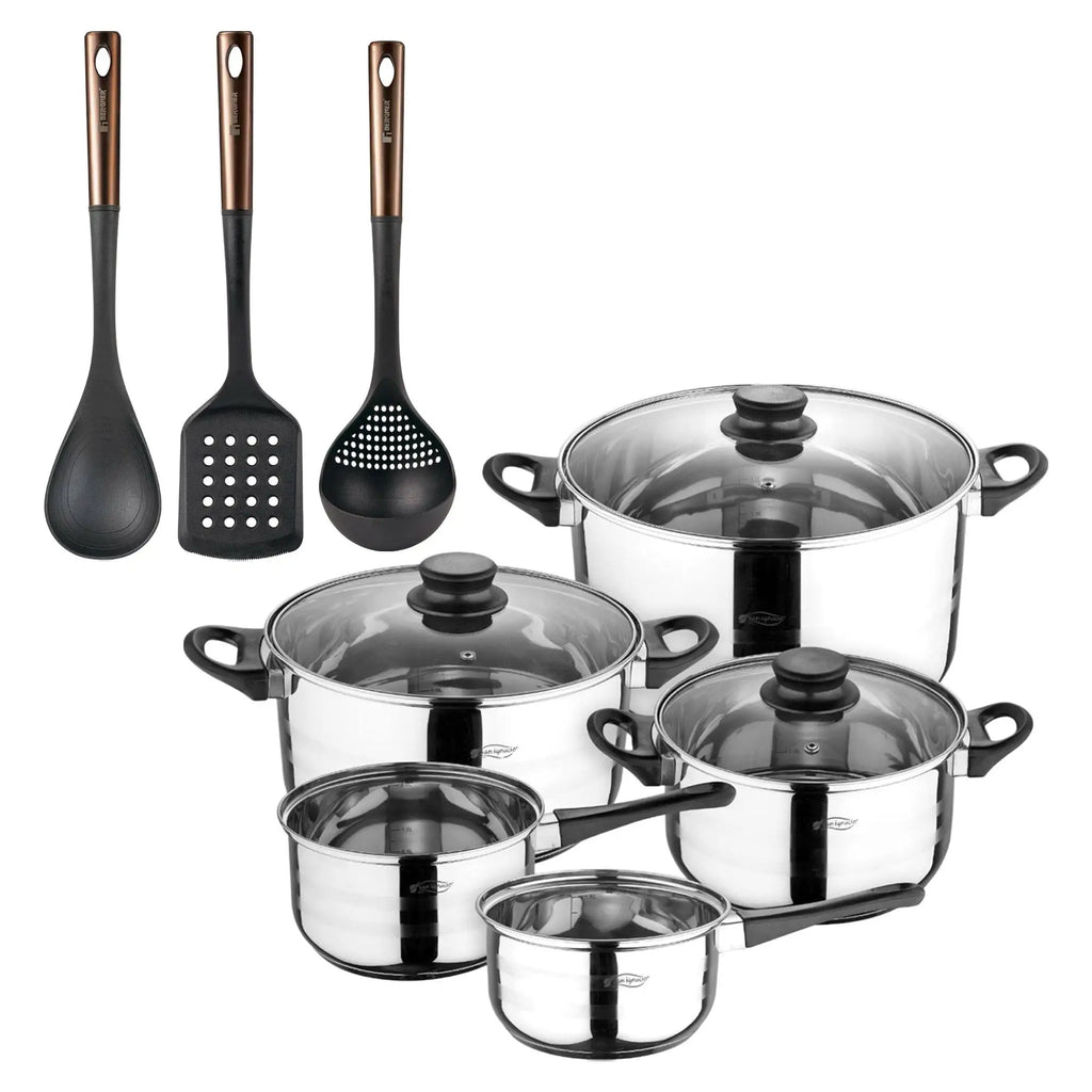 San Ignacio+ Bergner Copper Eight-Piece Cookware Set with 3 Kitchen Utensils: Slotted Spatula Spoon and Ladle in Black and