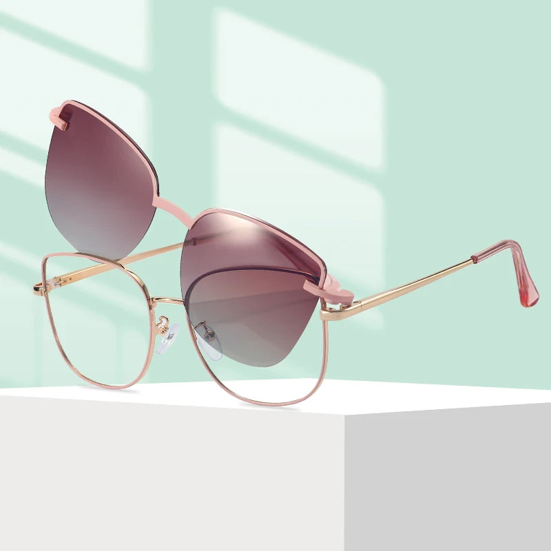 HIGO MS 95816 Women's New Double-Use Clip-On Magnetic Fashion Sunglasses Polarized PC Metal Cat Eye Full Rim UV Protection MegaBDM