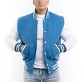 Sky Blue Varsity Jacket with White Sleeves Wool Body Snap Button Closure Baseball Style Custom College Bomber Letterman Coat