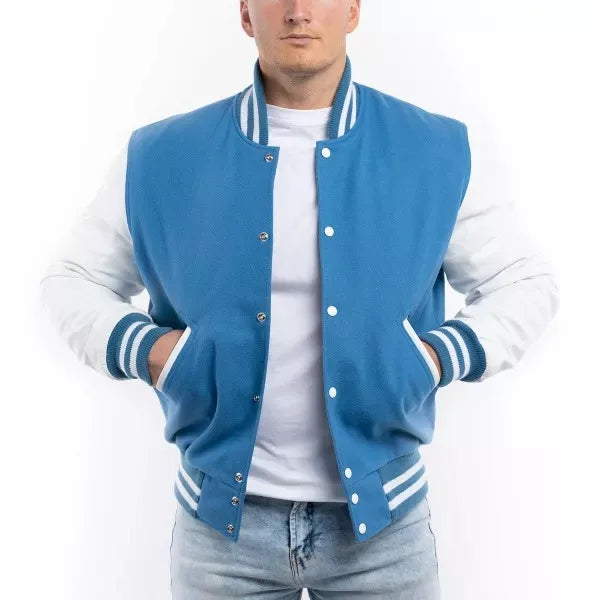 Sky Blue Varsity Jacket with White Sleeves Wool Body Snap Button Closure Baseball Style Custom College Bomber Letterman Coat