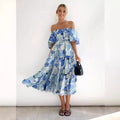 2025summer Dress Bubble Sleeve Vacation Slim-Fit Long Dress for Women Clothes High-Waist Off-The-Shoulder Printed Sundress