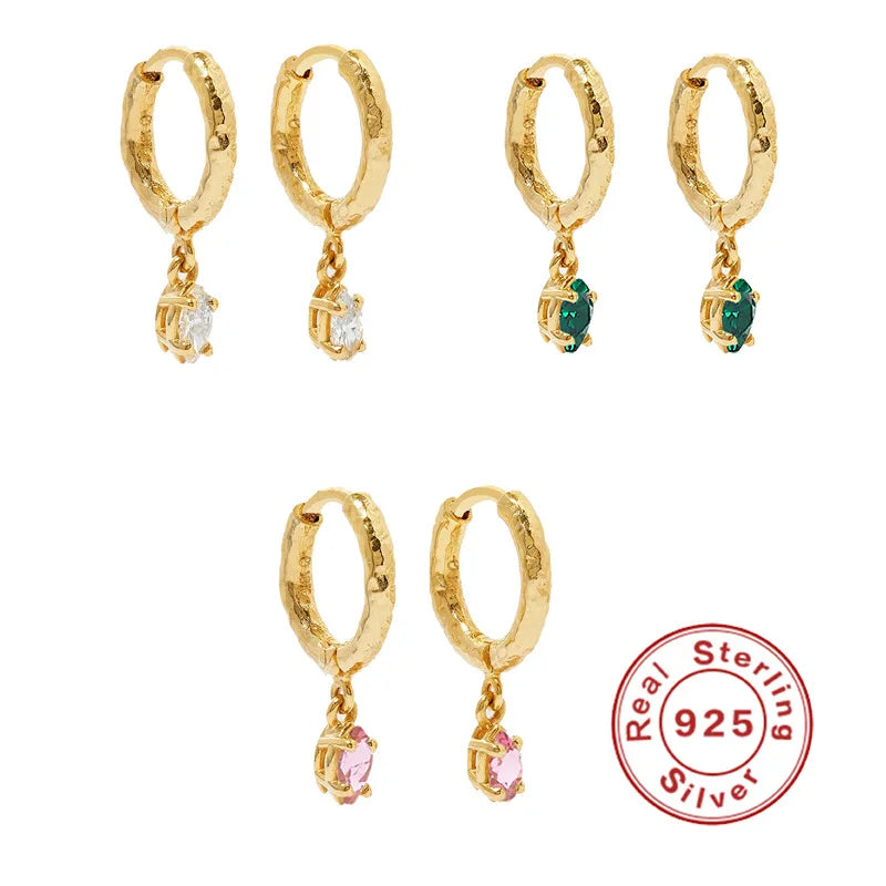 Aimgal Fine Jewelry S925 Sterling Silver Hammer Pattern Drop 5A Zircon Hoop Earrings Gold Plated Stackable Style Tarnish Free