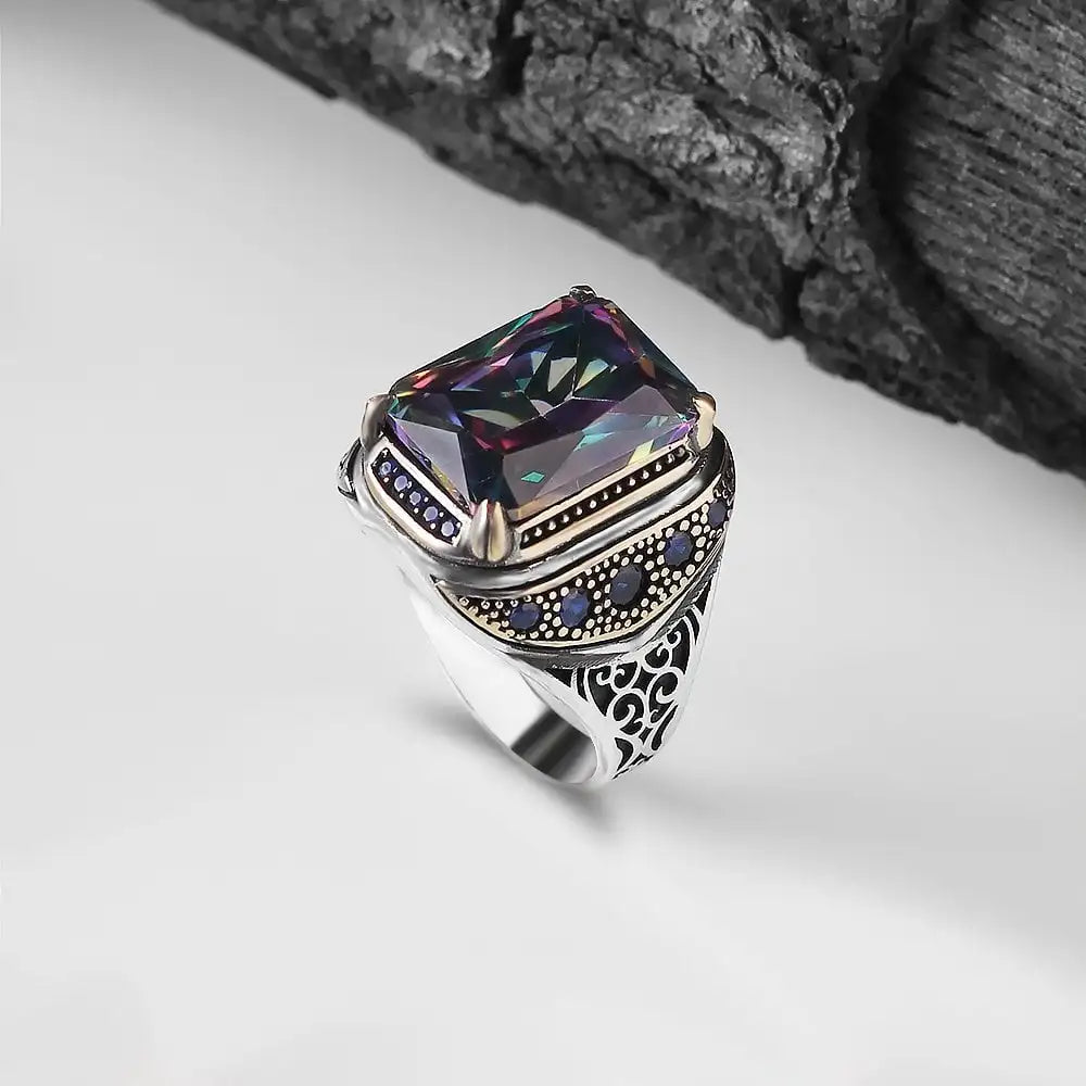 Turkish 925 Sterling Silver Men's Ring Ottoman Style Naturel Black Stone Handmade Fine Jewelry Azuris VALKH1338