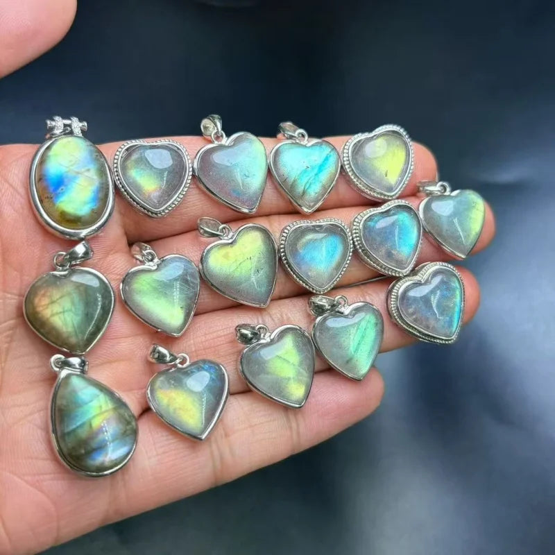 Exquisite Heart Cut Labradorite Stone Pendant S925 Silver Inlaid Natural Spectrolite Jewelry Stunning Blue Fire Accessories
