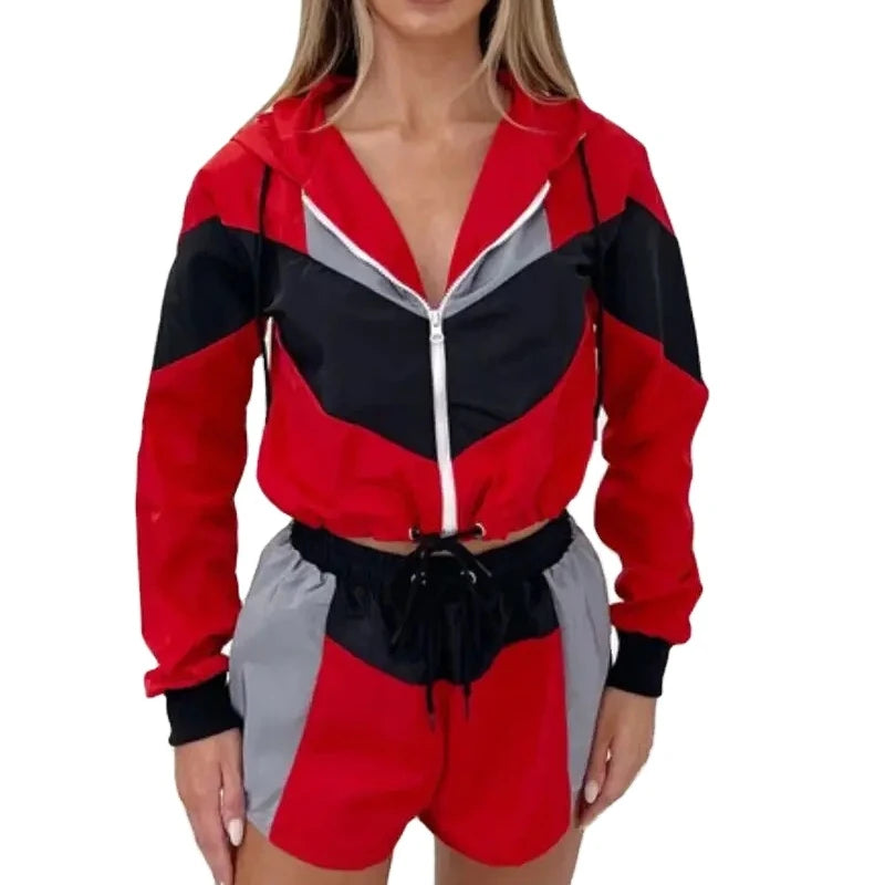 Custom Two-Piece Set for Women Breathable Reflective Nylon Windbreaker Jacket Trouser Zip-up Short Tracksuit Red Autumn Print