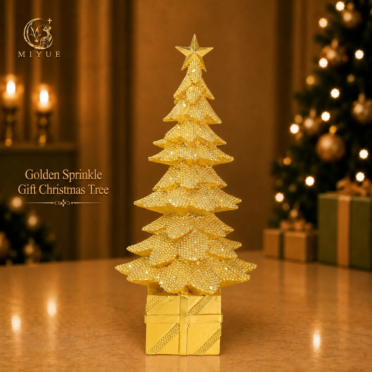 Golden Sprinkle Christmas Tree Resin Ornament Model Star Mother's Day Gift Box Base Xmas Tabletop Home Decor MegaBDM
